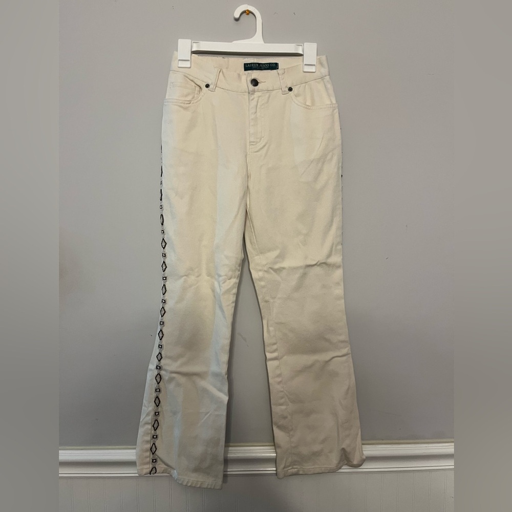 COPY - Lauren Jeans Co. Ralph Lauren Southwest Boho Sides Beaded Ivory Denim Wo…